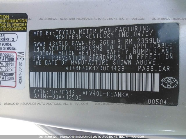 4T4BE46K17R001429 - 2007 TOYOTA CAMRY NEW GENERAT CE/LE/XLE/SE SILVER photo 9
