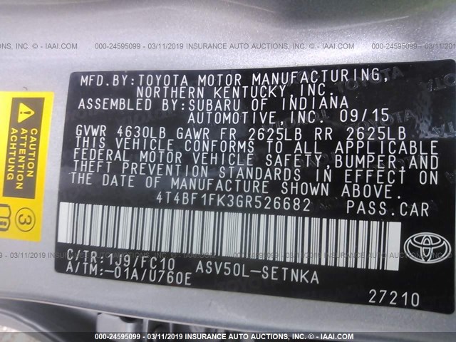 4T4BF1FK3GR526682 - 2016 TOYOTA CAMRY LE/XLE/SE/XSE SILVER photo 9
