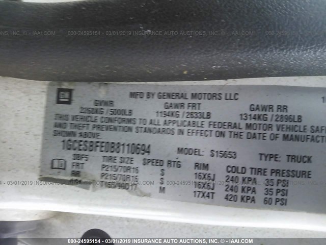 1GCESBFE0B8110694 - 2011 CHEVROLET COLORADO WHITE photo 9