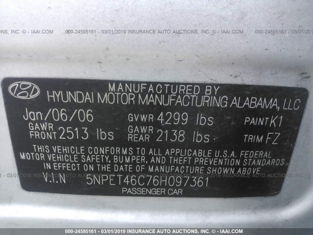 5NPET46C76H097361 - 2006 HYUNDAI SONATA GL SILVER photo 9