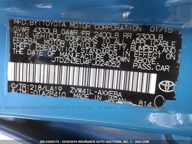 JTDZN3EU4FJ024052 - 2015 TOYOTA PRIUS V BLUE photo 9