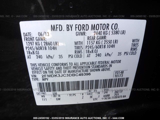 2FMDK3JC3DBC49396 - 2013 FORD EDGE SEL BLACK photo 9