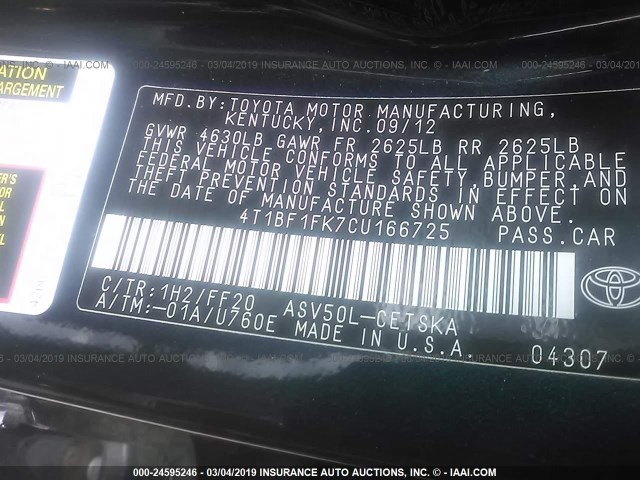 4T1BF1FK7CU166725 - 2012 TOYOTA CAMRY SE/LE/XLE 深蓝色 照片 9