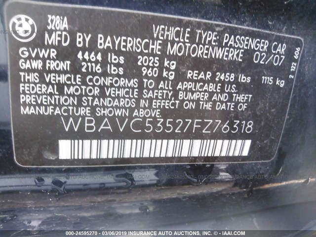 WBAVC53527FZ76318 - 2007 BMW 328 I SULEV Dark Blue photo 9