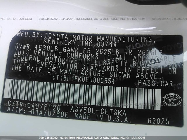 4T1BF1FK0EU800654 - 2014 TOYOTA CAMRY L/SE/LE/XLE 白色 照片 9