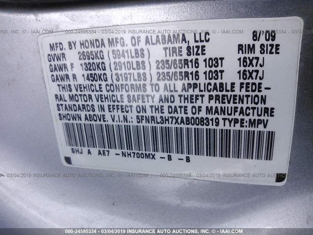 5FNRL3H7XAB008319 - 2010 HONDA ODYSSEY EXL SILVER photo 9