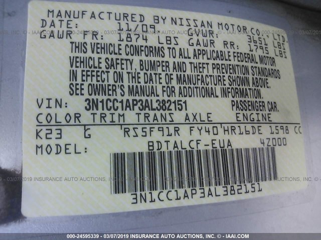 3N1CC1AP3AL382151 - 2010 NISSAN VERSA S/SL SILVER photo 9