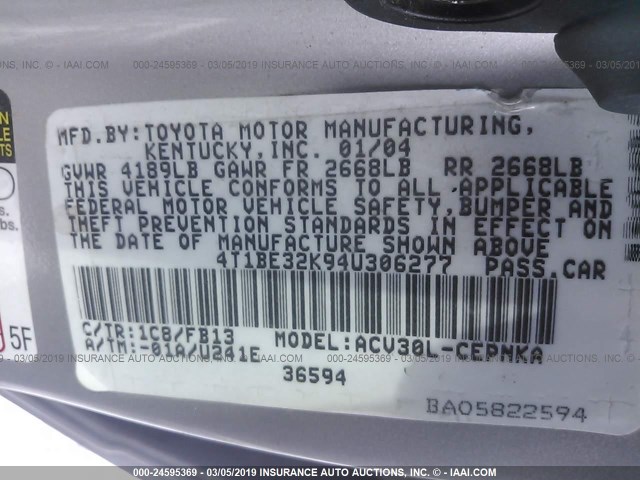 4T1BE32K94U306277 - 2004 TOYOTA CAMRY LE/XLE/SE SILVER photo 9