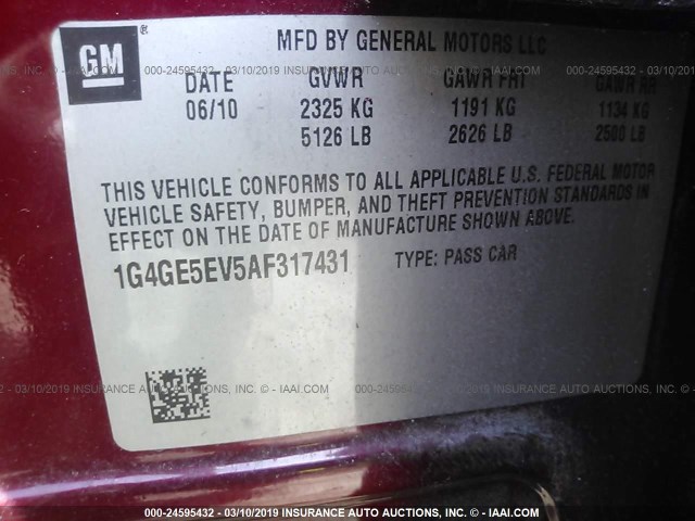 1G4GE5EV5AF317431 - 2010 BUICK LACROSSE CXS RED photo 9