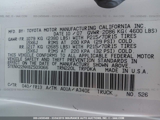 5TENX22NX8Z503066 - 2008 TOYOTA TACOMA WHITE photo 9