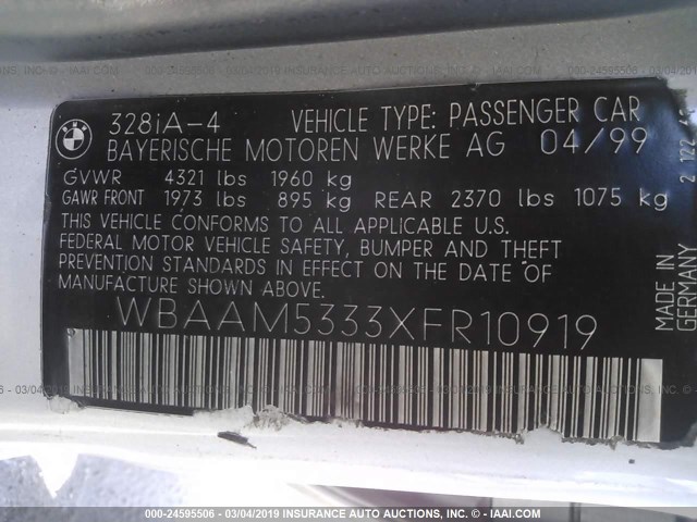 WBAAM5333XFR10919 - 1999 BMW 328 I AUTOMATIC ვერცხლისფერი ფოტო 9