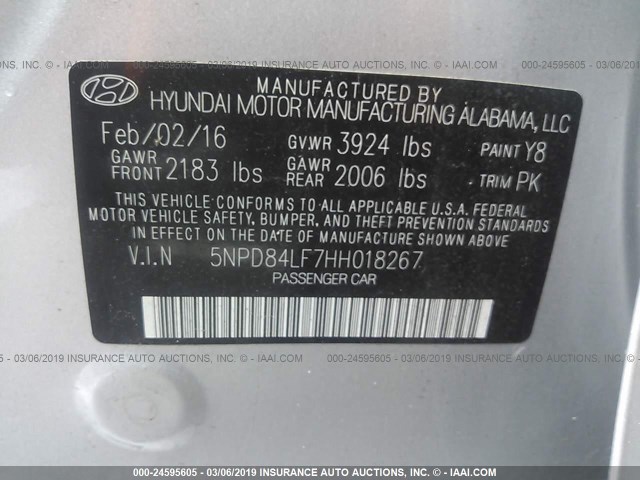 5NPD84LF7HH018267 - 2017 HYUNDAI ELANTRA SE/VALUE/LIMITED SILVER photo 9