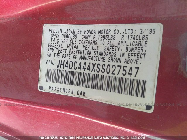 JH4DC444XSS027547 - 1995 ACURA INTEGRA RS RED photo 9