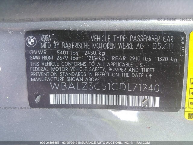 WBALZ3C51CDL71240 - 2012 BMW 650 I GRAY photo 9