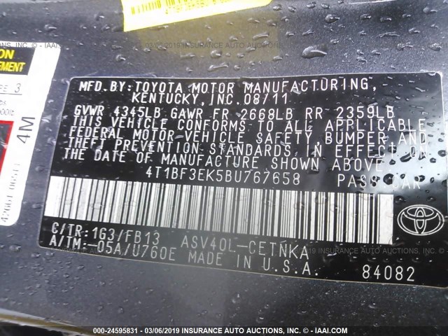 4T1BF3EK5BU767658 - 2011 TOYOTA CAMRY SE/LE/XLE GRAY photo 9