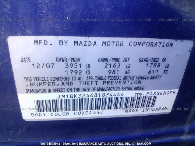 JM1BK324681874444 - 2008 MAZDA 3 S BLUE photo 9