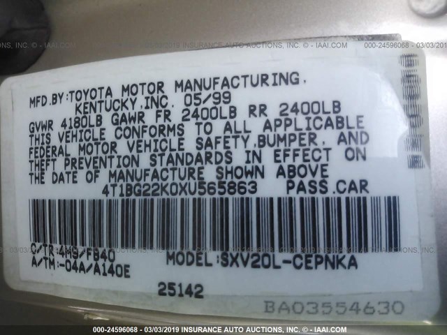 4T1BG22K0XU565863 - 1999 TOYOTA CAMRY CE/LE/XLE 棕色 照片 9