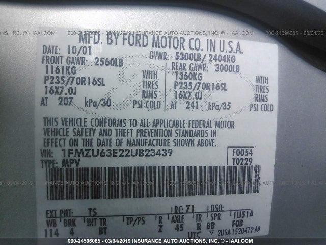 1FMZU63E22UB23439 - 2002 FORD EXPLORER XLT SILVER photo 9