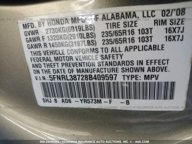 5FNRL38728B409597 - 2008 HONDA ODYSSEY EXL GOLD photo 9