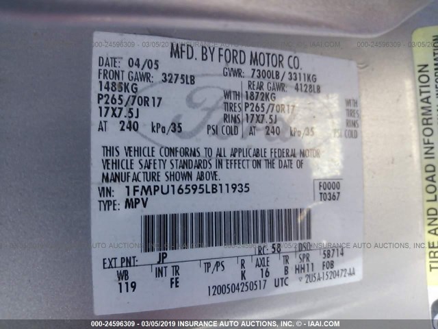 1FMPU16595LB11935 - 2005 FORD EXPEDITION XLT SILVER photo 9