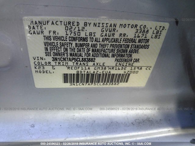 3N1CN7AP5CL883882 - 2012 NISSAN VERSA S/SV/SL SILVER photo 9