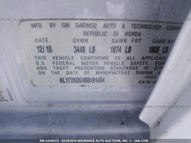 KL1TD6DE4BB191494 - 2011 CHEVROLET AVEO LS/LT თეთრი ფოტო 9