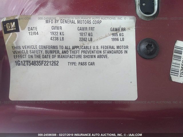 1G1ZT54835F221262 - 2005 CHEVROLET MALIBU LS BURGUNDY photo 9