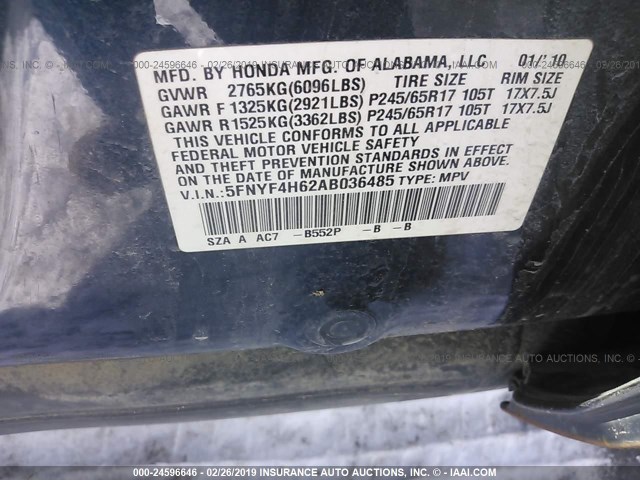 5FNYF4H62AB036485 - 2010 HONDA PILOT BLUE photo 9