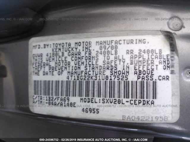 4T1BG22K31U017525 - 2001 TOYOTA CAMRY CE/LE/XLE Champagne photo 9