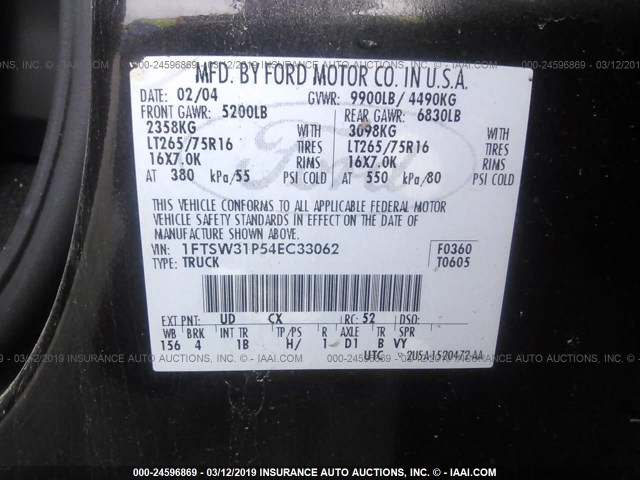 1FTSW31P54EC33062 - 2004 FORD F350 BLACK photo 9