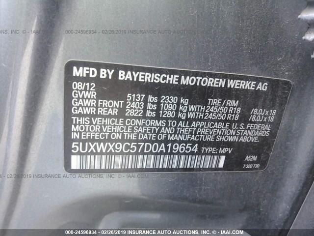 5UXWX9C57D0A19654 - 2013 BMW X3 GRAY photo 9