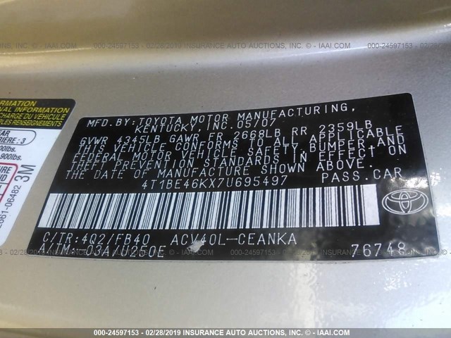 4T1BE46KX7U695497 - 2007 TOYOTA CAMRY NEW GENERAT CE/LE/XLE/SE GOLD photo 9