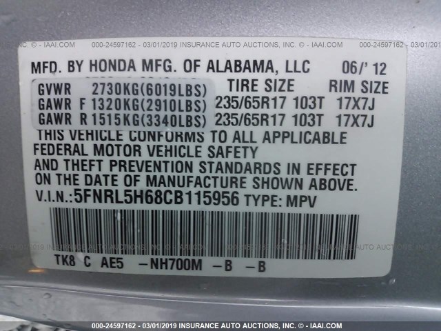 5FNRL5H68CB115956 - 2012 HONDA ODYSSEY EXL SILVER photo 9