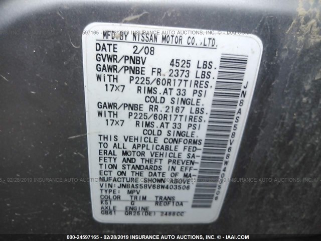 JN8AS58V68W403506 - 2008 NISSAN ROGUE GRAY photo 9