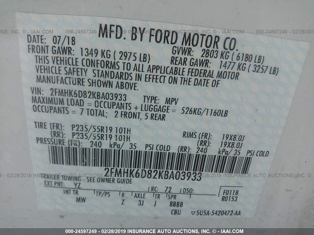 2FMHK6D82KBA03933 - 2019 FORD FLEX LIMITED WHITE photo 9