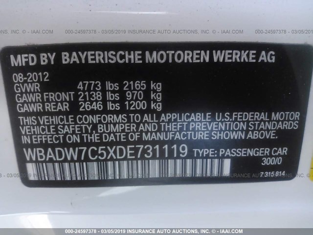 WBADW7C5XDE731119 - 2013 BMW 328 I SULEV WHITE photo 9
