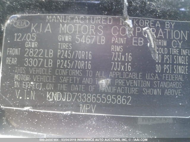 KNDJD733865595862 - 2006 KIA SORENTO EX/LX BLACK photo 9