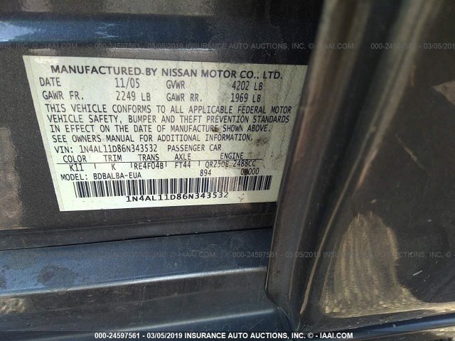 1N4AL11D86N343532 - 2006 NISSAN ALTIMA S/SL GRAY photo 9