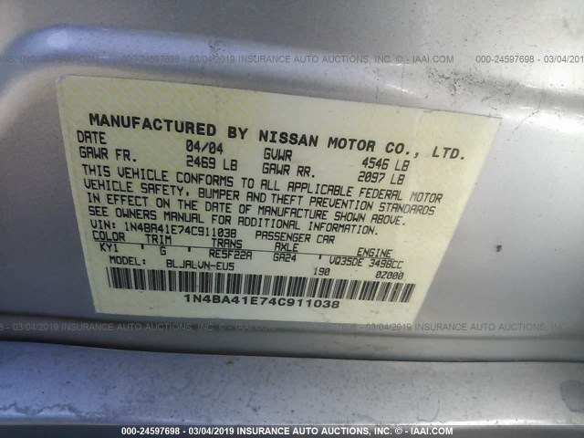 1N4BA41E74C911038 - 2004 NISSAN MAXIMA SE/SL SILVER photo 9