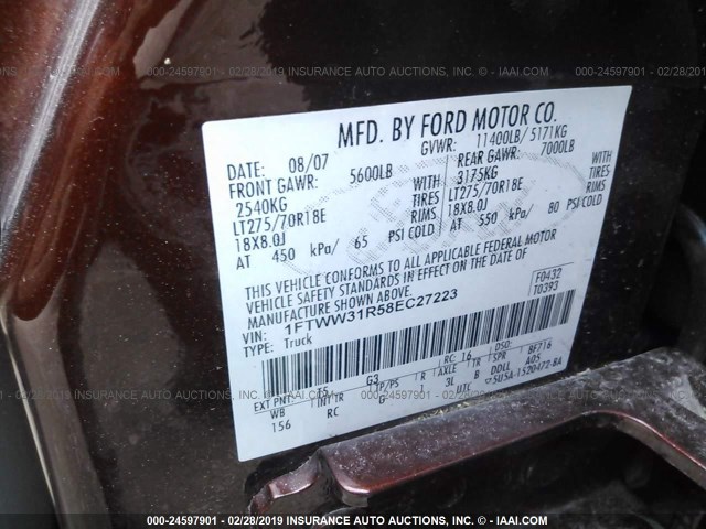 1FTWW31R58EC27223 - 2008 FORD F350 SRW SUPER DUTY RED photo 9