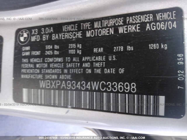 WBXPA93434WC33698 - 2004 BMW X3 3.0I SILVER photo 9