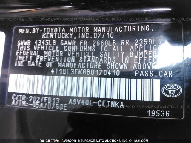 4T1BF3EK8BU170410 - 2011 TOYOTA CAMRY SE/LE/XLE BLACK photo 9