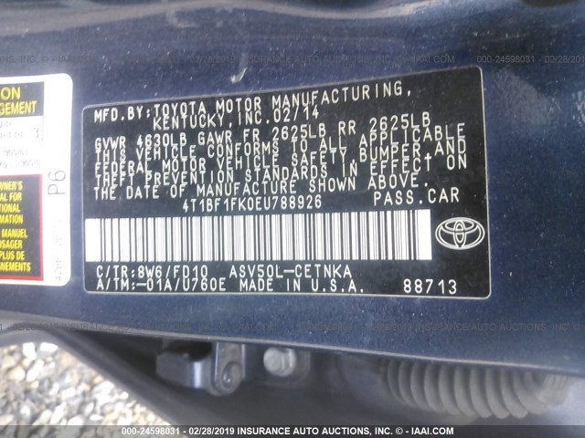 4T1BF1FK0EU788926 - 2014 TOYOTA CAMRY L/SE/LE/XLE 蓝色 照片 9