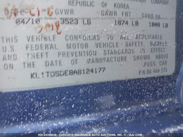 KL1TD5DE8AB124177 - 2010 CHEVROLET AVEO LS/LT Mavi foto 9