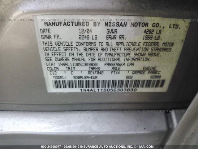 1N4AL11D05C303830 - 2005 NISSAN ALTIMA S/SL GOLD photo 9