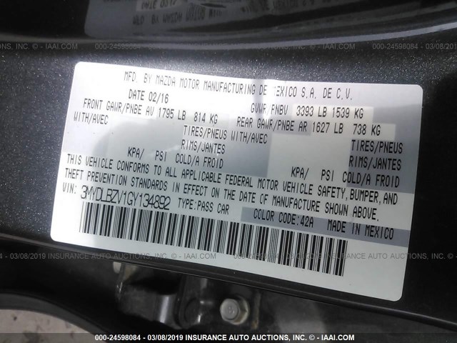 3MYDLBZV1GY134892 - 2016 TOYOTA SCION IA GRAY photo 9