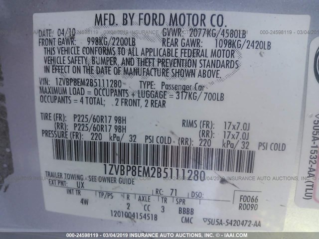 1ZVBP8EM2B5111280 - 2011 FORD MUSTANG SILVER photo 9