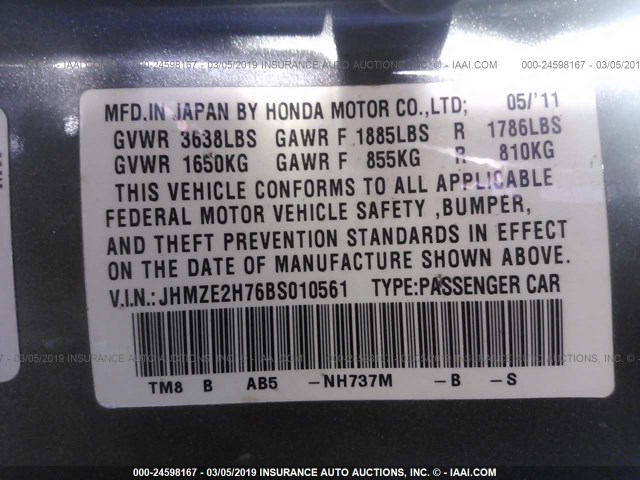 JHMZE2H76BS010561 - 2011 HONDA INSIGHT EX GRAY photo 9