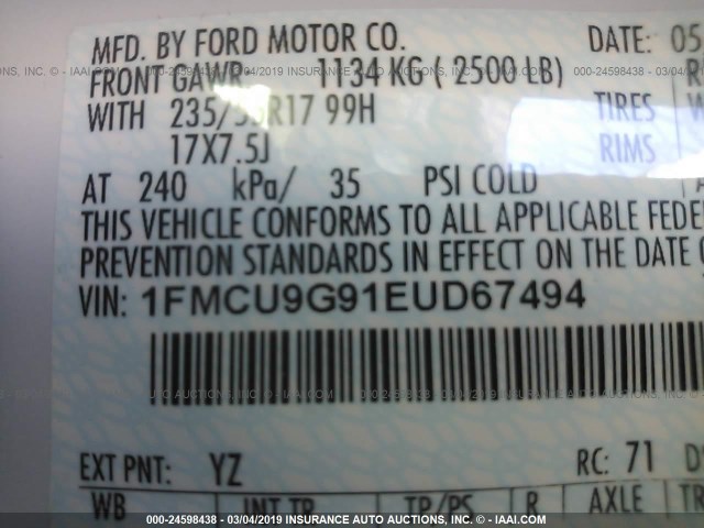 1FMCU9G91EUD67494 - 2014 FORD ESCAPE SE WHITE photo 9