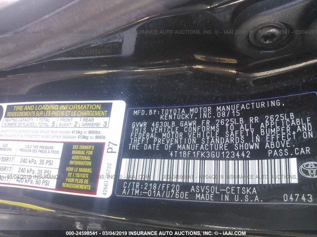 4T1BF1FK3GU123442 - 2016 TOYOTA CAMRY LE/XLE/SE/XSE BLACK photo 9